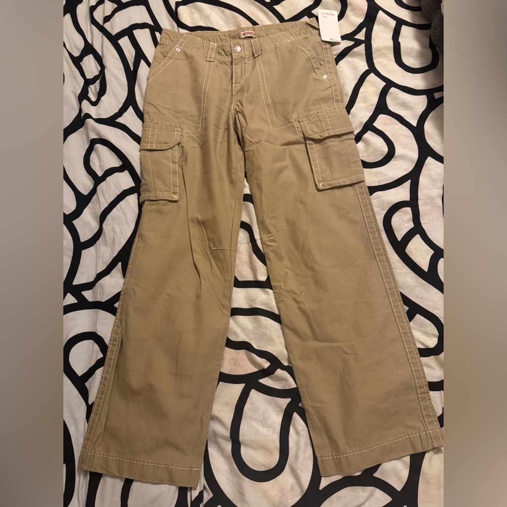 True Religion Women's Tan Wide Leg Cargo Pants